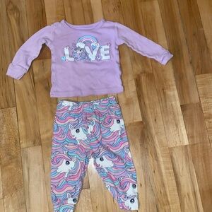 The Children’s Place purple unicorn LOVE shirt and pants 0-3 months
